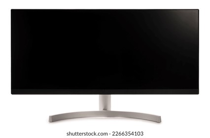 Ultrawide lcd monitor screen isolated on white background, Front view of television or computer screen on white background with work path.