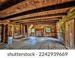 An ultra-wide-angle photograph of the interior of one of the pioneer cabins in the Cades Cove section of the Great Smoky Mountains National Park