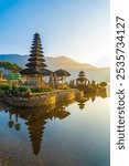 Ulun Danu Temple Bratan Lake in the morning at Bedugul, Bali, Indonesia