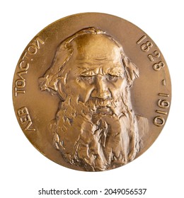 Ulyanovsk, Russia - August 28, 2021: Jubilee medal of the famous Russian writer and philosopher Count Lev Nikolaevich Tolstoy, illustrative editorial