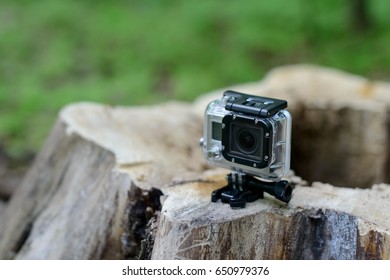 Ulyanovsk, Russia - May 23, 2017: Action Camera, Go Pro Hero 3 On An Old Wooden Stump In The Woods.