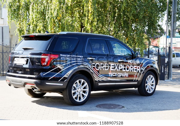 Ulyanovsk, Russia - September 23, 2018: New car\
Ford Explorer - exhibition car stands in front of the Ford car\
selling and service\
center.