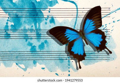 Ulysses blue butterfly and notes. Butterfly melody. Photo of old music sheet in blue watercolor paint. Blues music concept. Abstract blue watercolor background. copy spaces