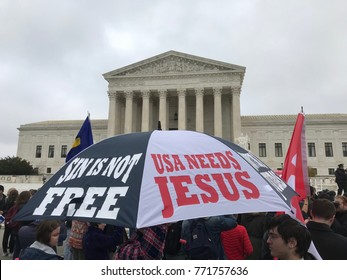 Umbrella With Religious Messages Being Displayed At The Supreme Court Of The United States, December 5, 2017 In Support Of Religious Liberties During The Cake Shop Religious Liberties/Gay Rights Case.