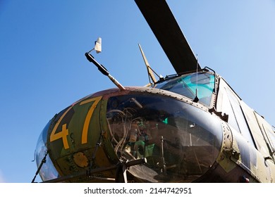 Umea, Norrland Sweden - August 7, 2021: Swedish military helicopter seen from below