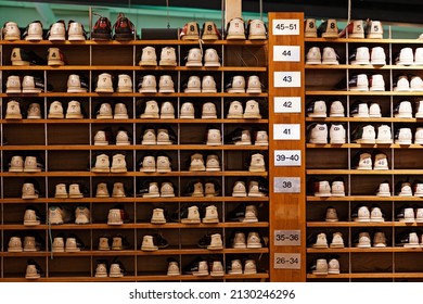 Umea, Norrland Sweden - January 31, 2022: Lots Of Shoes In Different Sizes For Bowling 