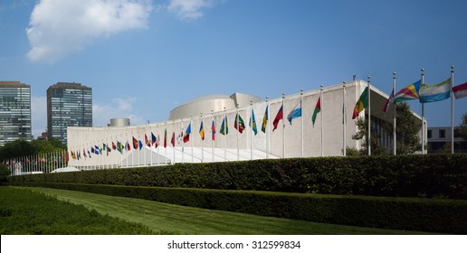 UN United Nations General Assembly, World Flags Flying In Front - First Avenue, New York City, NY, USA