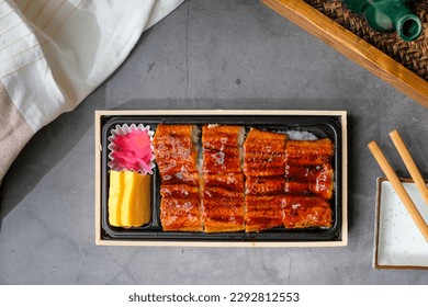 Unagi lunch box. Japanese grilled eel over rice. 