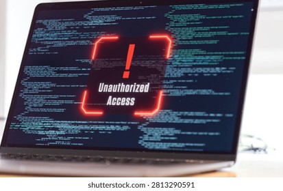 Unauthorized access, system warning on a computer screen, data, code, encryption, computer crime. Data breach, spyware, hacker, communication problems, computer language, security, firewall.