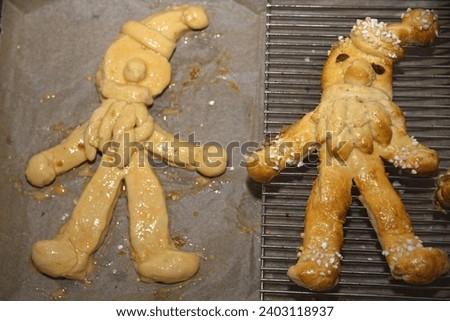 unbaked and baked Santa Claus - Santa Claus figure made from yeast dough