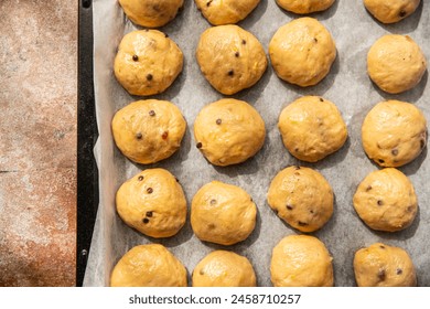 Unbaked chocolate and lemon yeast brioches on baking tray. - Powered by Shutterstock