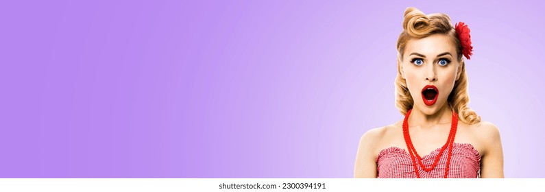 Unbelievable news! Excited surprised, very happy blondy hair woman. Pin up style girl wide open mouth, eyes. Retro and vintage studio ad concept. Isolated light purple violet color background. - Powered by Shutterstock