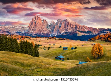 Unbelievable sunrise on Alpe di Siusi mountain plateau with beautiful yellow larch trees and Langkofel (Sassolungo) mountain on background. Autumn evening in Dolomite Alps, Ortisei locattion, Italy.