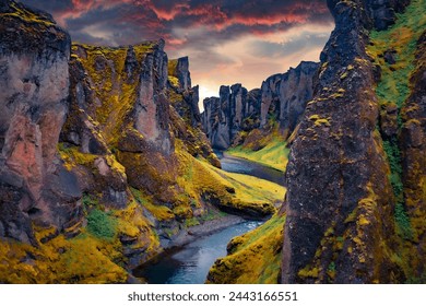 Unbelievable sunset on Fjadrargljufur canyon and river. Extraordinary summer scene of South east Iceland, Europe. Beauty of nature concept background. Travel the world. - Powered by Shutterstock