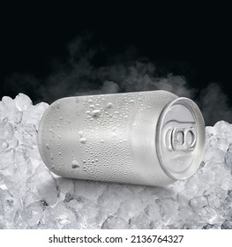 An unbranded freezing cold aluminum tin can with cold vapor an on ice cubes background