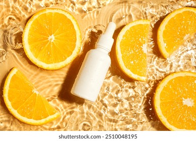 Unbranding dropper bottle with beauty serum or essential oil and orange citrus slices in splashing water background, top view. Moisturizing organic vitamin C brightening skin care product.