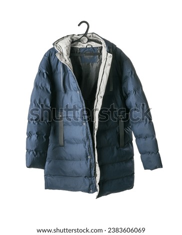Unbuttoned winter men's jacket on a hanger isolated on a white background. The concept of protection from the cold. [[stock_photo]] © 