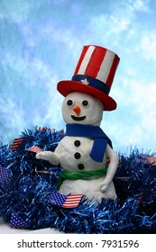 Uncle Sam Snowman Surrounded By Blue Garland And Flags