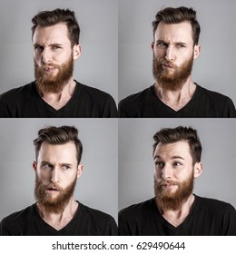 Unconfident And Worried Young Man Isolated On Gray Background. Emotional Portraits Collage