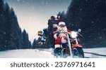 Unconventional biker Santa Claus riding a fast motorbike and delivering Christmas gifts