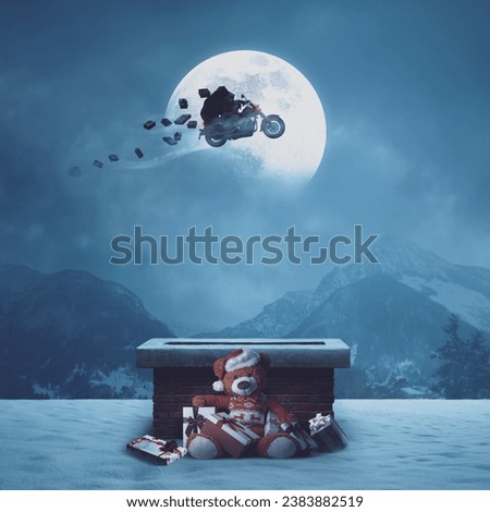 Unconventional Santa Claus riding a motorbike and flying in the night sky on Christmas Eve, he is delivering gifts