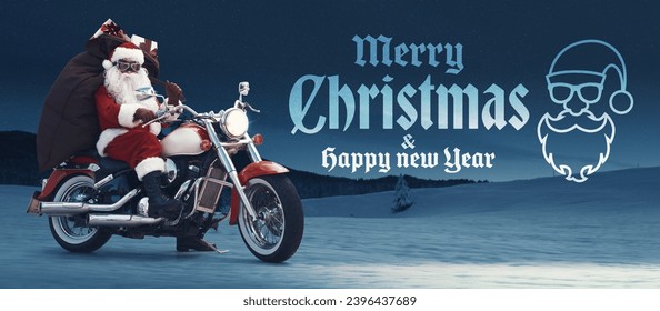 Unconventional Santa Claus riding a motorcycle and carrying a sack with gifts, Christmas banner - Powered by Shutterstock