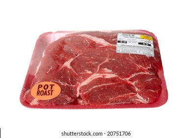 An Uncooked Beef Chuck Pot Roast In Packaging.