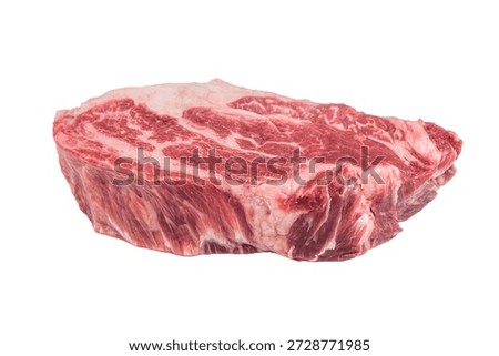 Uncooked beef chuck roll steak cut with visible fat and muscle texture on white background. Fresh raw beef for cuisine