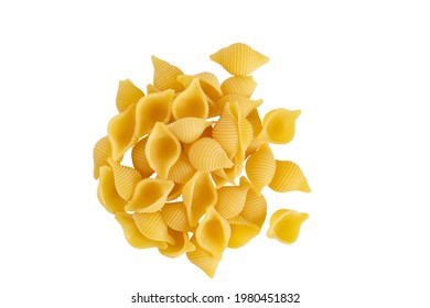 Uncooked dried conchiglie. Raw organic shell pasta. Heap of traditional Italian seashells pasta isolated on a white bachground. Italian Cuisine. Top view. Copy space.