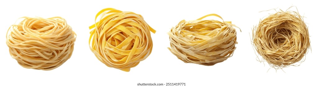 Uncooked Italian pasta, Tagliatella, Tagliolini, Fettuccine, on white background with full depth of field, isolated on white background - Powered by Shutterstock