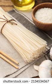 Uncooked Rice Noodles On Grey Napkin, Closeup