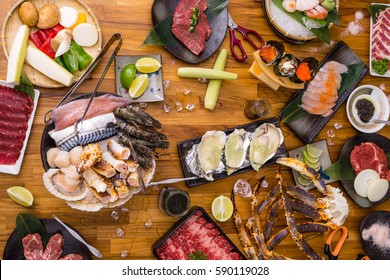 Uncooked Seafood Vegetables Meats On Wooden Stock Photo 590119028 ...