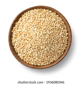 Uncooked White Quinoa Seeds, In The Wooden Bowl, Isolated On Pure White Background, Overhead View.