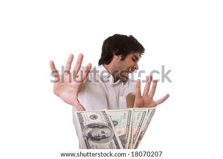 a uncorrupt men refusing money from a bribe (selective focus)