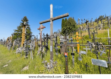 Uncountable crosses and cruzifixes at the Hill of Crosses in Lithuania as part of a pilgrimage destination and tourist attraction