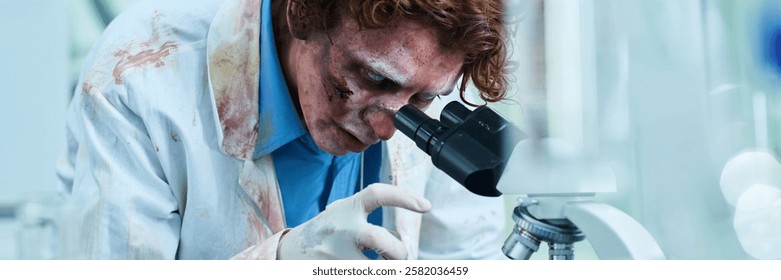Undead Scientist Using Microscope In Lab Header
