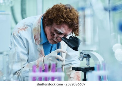 Undead Scientist Using Microscope In Lab
