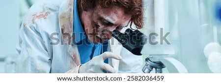 Undead Scientist Using Microscope In Lab Header