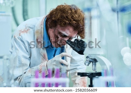 Undead Scientist Using Microscope In Lab
