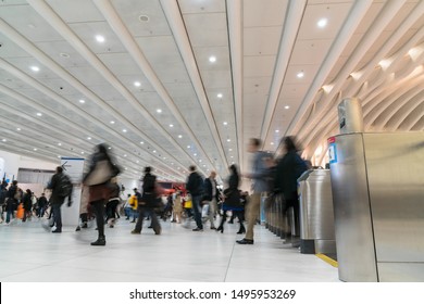 Undefined Passenger And Tourist Walking And Swipe The Card For In And Out The Subway In Rush Hour, Lower Manhattan,New York, United State