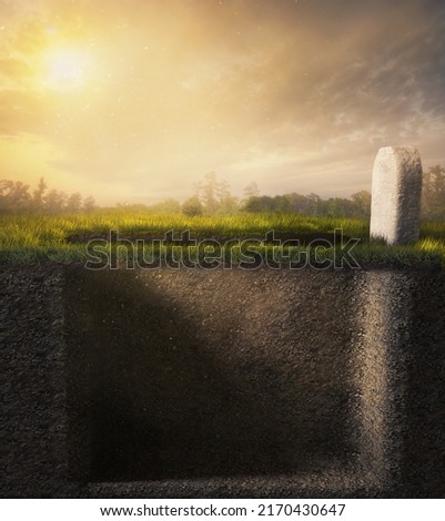 Undeground perspective of a grave with headstone