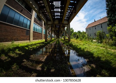 Under The Chicago El Tracks With Rain Puddles And Reflections