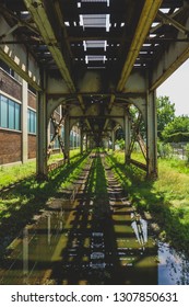 Under The Chicago El Tracks With Rain Puddles And Reflections