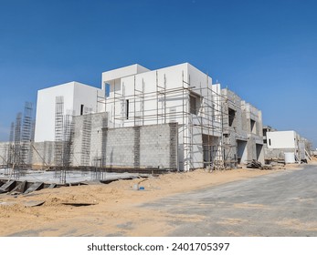 Under construction House or Villa's, Villa's with Concreate Block or bricks, Exterior view of 02 story under construction house with modern design, under construction Home or house