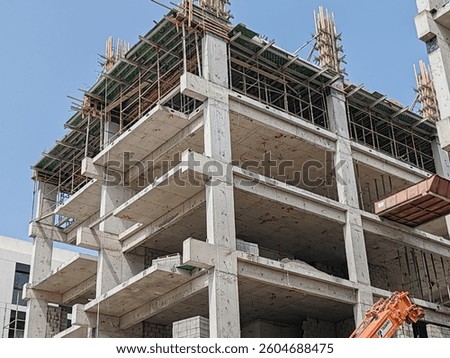 Under construction residential building with Concreate Block or bricks structure. Exterior view of highrise under construction building with modern design, under construction skyscraper
G+5 building