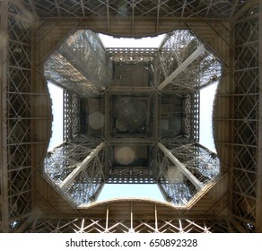 Under the Eiffel tower looking up in Paris France