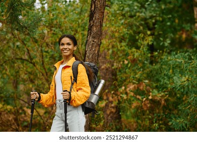 Under the golden hues of autumn, a young woman smiles as she explores the serene forest trails. - Powered by Shutterstock