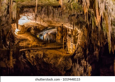 under the ground. beautiful view of stalactites and stalagmites in an underground cavern - Postojna cave, Slovenia, Europe