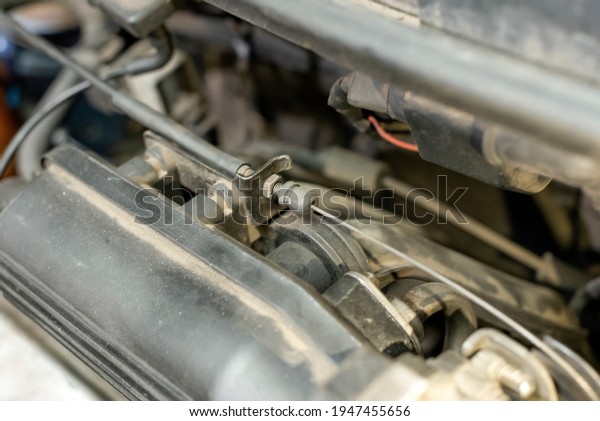 Under the hood of the car lies a long throttle\
cable, throttle control\
cable.