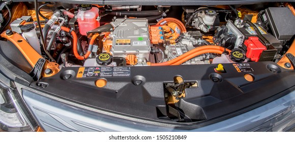 
Under The Hood Of An Orange Electric Car, Technology Of The Future